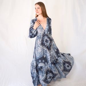 JAASE Raya Print Blue Santo Long Sleeve Maxi Dress